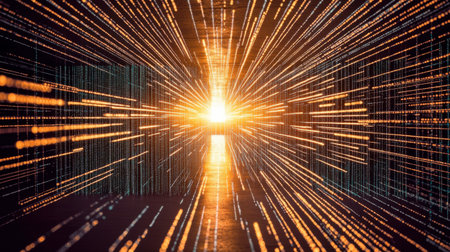 A captivating abstract image depicting streams of light and data flowing through a digital landscape, creating an immersive visual experience that signifies innovation and technology.の素材