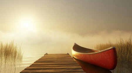 A stunning sunrise bathes a tranquil foggy lake with golden light, featuring a red canoe tied to a wooden dock, evoking peace and serenity in nature.の素材