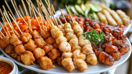 A stunning display of various grilled skewers presented on a platter, featuring meat and shrimp alongside fresh vegetables, perfect for gatherings or events.の素材