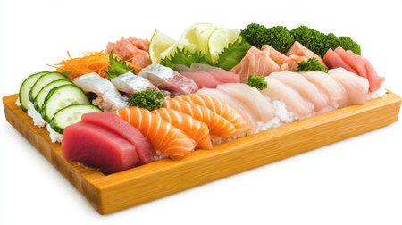 This stunning sushi platter displays a variety of fresh seafood on a wooden board, showcasing an array of colors and textures perfect for any dining occasion.の素材