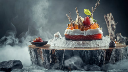 A stunning gourmet salmon dish presented on a wooden surface. The dish features intricate garnishes, vibrant colors, and a smoky atmosphere, showcasing culinary artistry.の素材