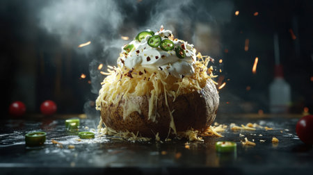 A mouthwatering loaded baked potato topped with melted cheese, sour cream, and fresh jalapenos, creating an inviting and flavorful dish perfect for any meal.の素材