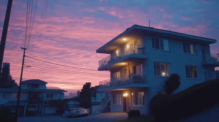 A modern apartment building stands against a stunning sunset sky, radiating warmth and tranquility. The colorful clouds enhance the peaceful evening atmosphere.の素材