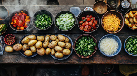 A vibrant display of fresh vegetables and potatoes arranged on a rustic wooden table, perfect for cooking enthusiasts seeking healthy meal ideas and recipes.の素材