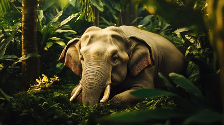 A majestic elephant roams through a lush green jungle, surrounded by vibrant foliage. The serene atmosphere highlights the beauty and grace of this incredible animal in its natural habitat.の素材