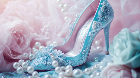 This stunning blue high-heel shoe features intricate embellishments and is gracefully placed among pearls and soft fabric, showcasing exquisite elegance and style.の素材
