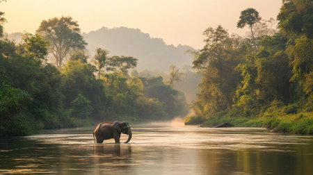 An majestic elephant wades through a calm river at sunrise, surrounded by lush greenery. The tranquil scene captures the beauty of wildlife in its natural habitat, inviting serenity and adventure.の素材