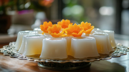 Delight in this vibrant flower jelly dessert elegantly presented on a decorative plate. Perfect for festive occasions, this delightful sweet showcases creativity and culinary artistry.の素材