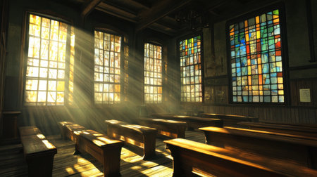 A serene chapel interior showcasing rays of sunlight through vibrant stained glass windows. The illuminated wooden benches enhance the peaceful atmosphere, inviting reflection and meditation.の素材