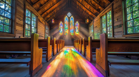 A serene view of a charming chapel interior illuminated by sunlight. Colorful stained glass windows create vibrant reflections on the wooden floor, enhancing the peaceful atmosphere.の素材