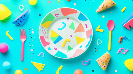 A colorful party plate is surrounded by festive decorations and snacks, featuring bright geometric shapes on a vibrant background, perfect for celebrations.の素材