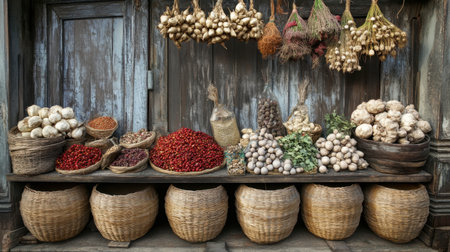Display of fresh organic vegetables and spices in woven baskets at a traditional market, showcasing vibrant colors and natural textures for culinary inspiration.の素材
