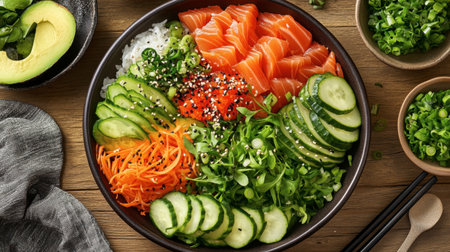 A vibrant sushi bowl featuring fresh salmon slices, cucumber, avocado, and colorful vegetables, perfect for healthy eating and meal prep.の素材