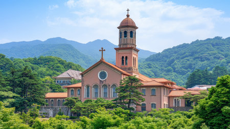 A picturesque church nestled among lush green mountains, showcasing stunning architecture and a serene environment, perfect for those seeking spiritual peace.の素材