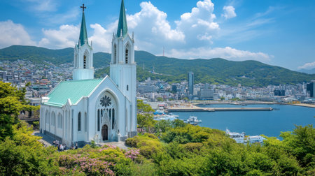 A stunning coastal church stands majestically against a backdrop of mountains and a vibrant blue sky. Perfect for travel or architectural themes.の素材