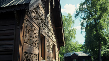 A beautifully detailed wooden house featuring intricate carvings and designs. Sunlight filters through the trees, highlighting the artistry and craftsmanship of this rural architectural gem.の素材