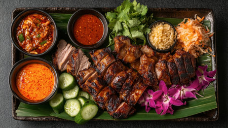 A stunning grilled meat platter featuring succulent slices of meat, vibrant garnishes, and aromatic dipping sauces, perfect for food lovers and culinary enthusiasts.の素材