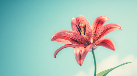 A stunning pink lily flower stands gracefully against a soft blue sky, radiating beauty and elegance. This serene image captures the essence of nature's artistry.の素材