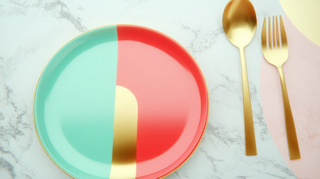 A vibrant plate with a unique design paired with elegant gold cutlery rests on a contemporary marble surface, perfect for modern dining aesthetics.の素材