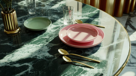 A modern table setting featuring pink and green plates, gold utensils, and a marble surface, creating an elegant and inviting dining atmosphere.の素材