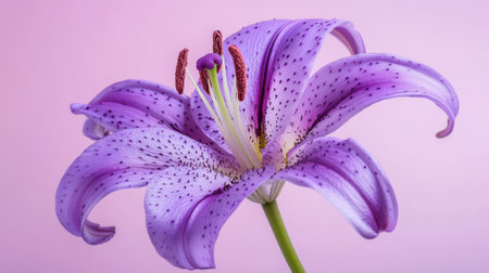 A stunning close-up of a purple lily flower against a soft pink background. This image captures the flower's delicate petals and intricate details, perfect for enhancing design projects.の素材