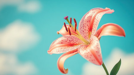 A stunning pink lily flower captures attention with its vibrant petals, set against a soft blue sky. This image evokes feelings of beauty, tranquility, and natural elegance.の素材