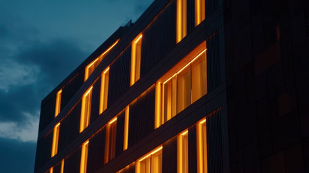 Captivating view of a modern building facade featuring bright orange illumination at night, highlighting architectural details and creating a warm atmosphere.の素材