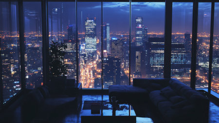 Stunning view of a vibrant city skyline at night from a modern apartment, showcasing glowing lights and a tranquil ambiance combined with sleek interior design.の素材