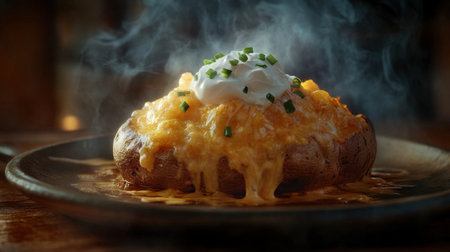 A steaming baked potato topped with melted cheese, sour cream, and fresh chives sits on a rustic plate, inviting a cozy and delicious dining experience.の素材
