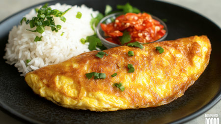 A beautifully plated golden omelette served with fluffy white rice and spicy chili sauce, garnished with fresh green onion, perfect for any meal.の素材