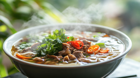 A steaming bowl of delicious noodle soup featuring fresh herbs, vibrant vegetables, and tender meat, perfect for a comforting meal experience.の素材