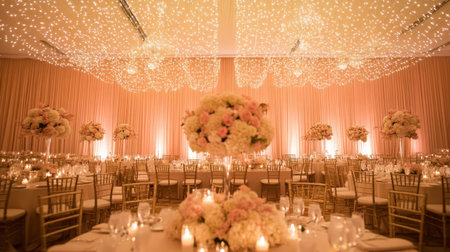 Experience an enchanting wedding reception adorned with floral arrangements, soft lighting, and elegant decor, creating a romantic and inviting atmosphere.の素材