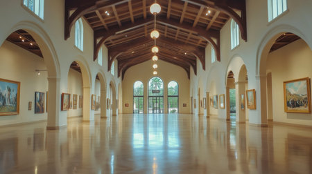 An expansive view of an art gallery interior featuring elegant arches, beautiful lighting, and ample space. The serene atmosphere enhances the artistic display.の素材