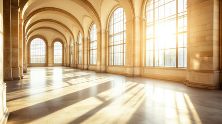 An empty elegant hallway featuring large arched windows that fill the space with warm sunlight and soft shadows, creating a serene atmosphere ideal for various settings.の素材