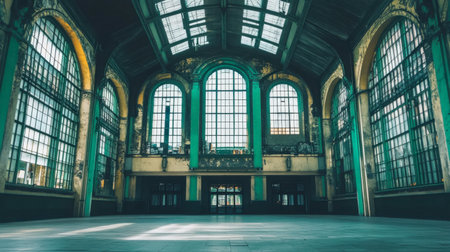 Explore an empty, abandoned industrial hall featuring large windows and unique architectural details. Captivating light and rich textures create an atmospheric space.の素材