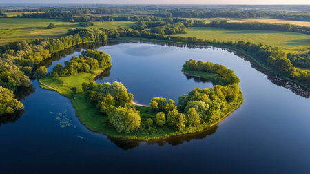 Experience the beauty of nature with this serene aerial view of a curved river surrounded by lush greenery, showcasing tranquility and vibrant landscapes.の素材
