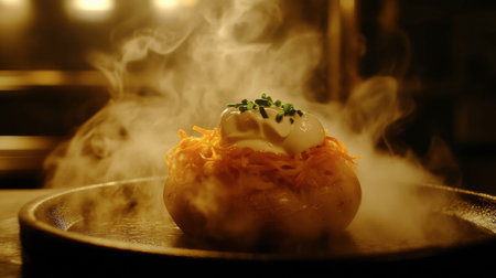 A steaming dish featuring shredded carrots topped with a creamy garnish, beautifully presented on a dark plate, evoking a warm and inviting atmosphere.の素材
