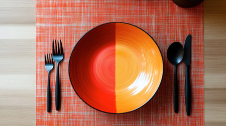 This vibrant table setting features a colorful plate in shades of orange and red, complemented by black cutlery, creating an inviting and modern dining atmosphere.の素材