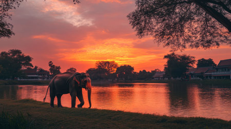 A majestic elephant stands by the water's edge during a stunning sunset, casting a beautiful silhouette. The scene captures the serenity of nature at dusk.の素材