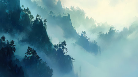 A breathtaking view of misty mountains at dawn, showcasing lush green trees and an atmospheric landscape. The serene beauty invites exploration and tranquility.の素材