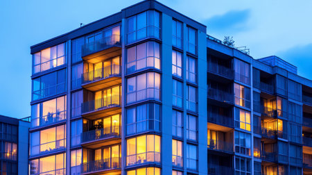 A striking modern apartment building glows warmly at dusk, showcasing elegant architecture and inviting living spaces. The illuminated windows create a serene urban night scene.の素材