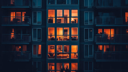 A mesmerizing view showcasing illuminated apartment windows in a modern cityscape at night. The warm tones create a cozy and inviting atmosphere.の素材