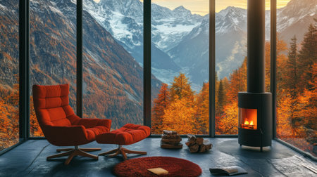 This cozy modern living room features a stunning view of mountains at sunset, showcasing a warm atmosphere with a fireplace, elegant chair, and autumn colors.の素材