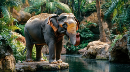 A beautiful elephant stands gracefully near a serene water source, surrounded by lush greenery of a vibrant jungle, showcasing the peaceful essence of wildlife in nature.の素材
