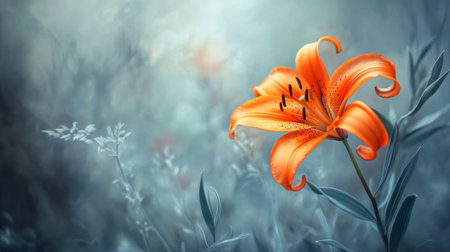 A striking orange lily flower stands out against a soft blue background, capturing the essence of nature's beauty. This artistic image evokes tranquility and freshness.の素材