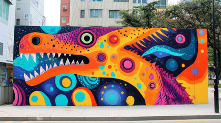 This stunning mural features a vibrant dragon with abstract patterns and a colorful palette, perfect for enhancing urban landscapes and artistic expressions.の素材