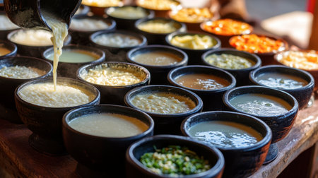 A vibrant display of traditional sauces in small black bowls, showcasing various textures and colors. Perfect for culinary inspiration and food photography.の素材
