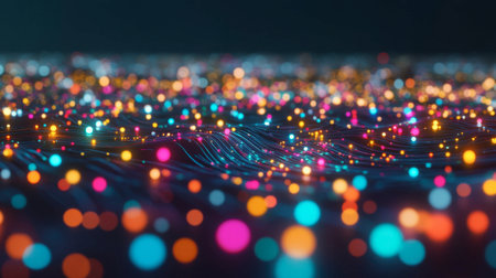 Vibrant and colorful lights create a mesmerizing abstract scene. Bright dots shimmer against a dark surface, showcasing dynamic energy and captivating design.の素材