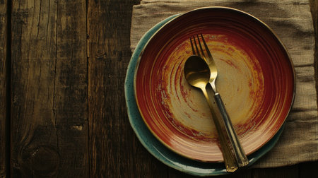 This image features a vintage table setting with a colorful plate and rustic silverware, evoking a cozy atmosphere perfect for intimate dining experiences.の素材