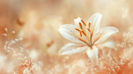 A stunning close-up of a delicate white lily flower blooms gracefully against a soft, ethereal background, embodying beauty and tranquility in nature.の素材